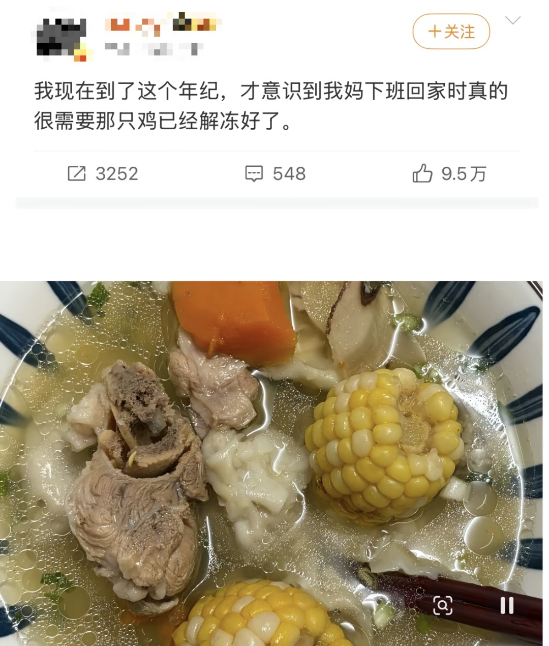 “我现在到了这个年纪，才意识到我妈下班回家时，真的很需要那只鸡已经解冻好了”
