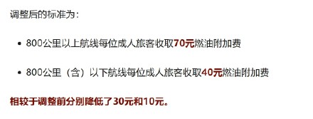 8月5日起，国内航线燃油附加费将下调