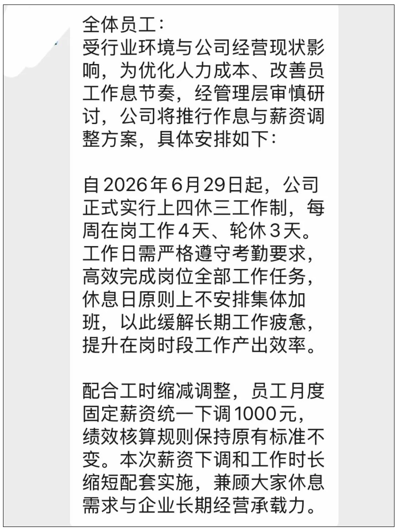 员工发帖求助：公司“上四休三”，但要降薪1000元！怎么选？网友炸锅了！