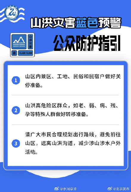 北京发布全市山洪灾害风险蓝色预警 北京发布全市山洪灾害风险蓝色预警
