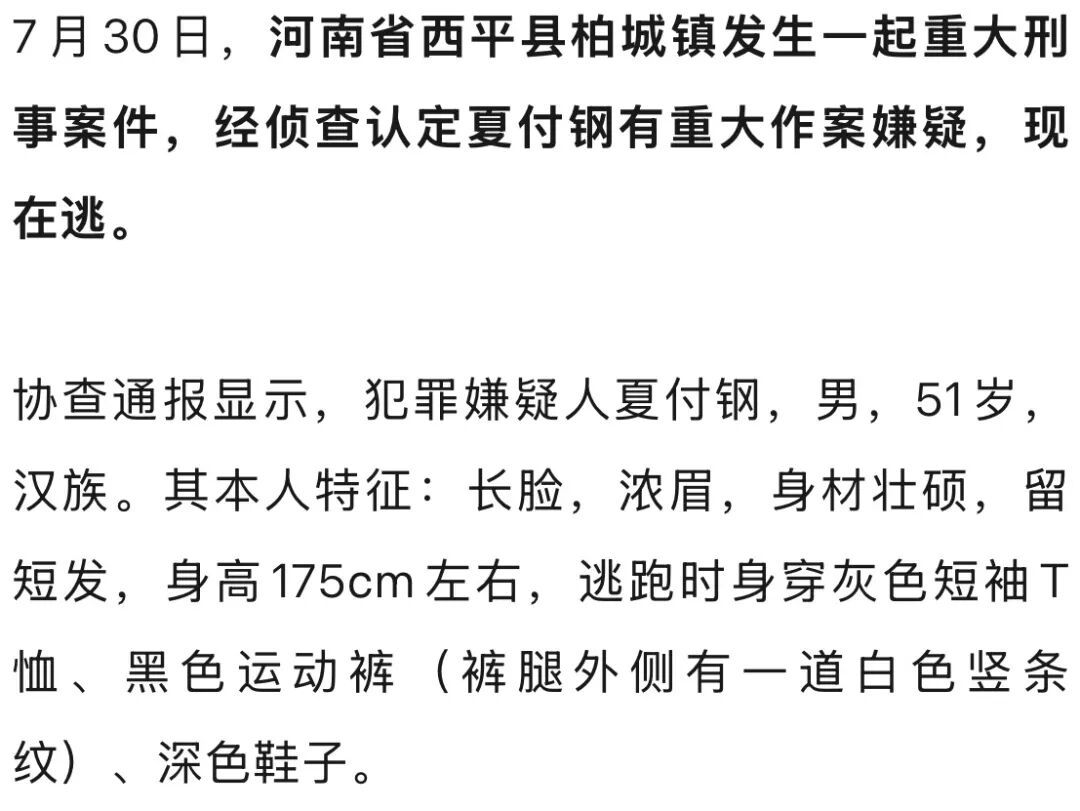 51岁嫌犯夏某钢在逃,可能随身携带刀具,危险性较高!河南警方悬赏最高5万元征集线索 51岁嫌犯夏某钢在逃,可能随身携带刀具,危险性较高!河南警方悬赏最高5万元征集线索
