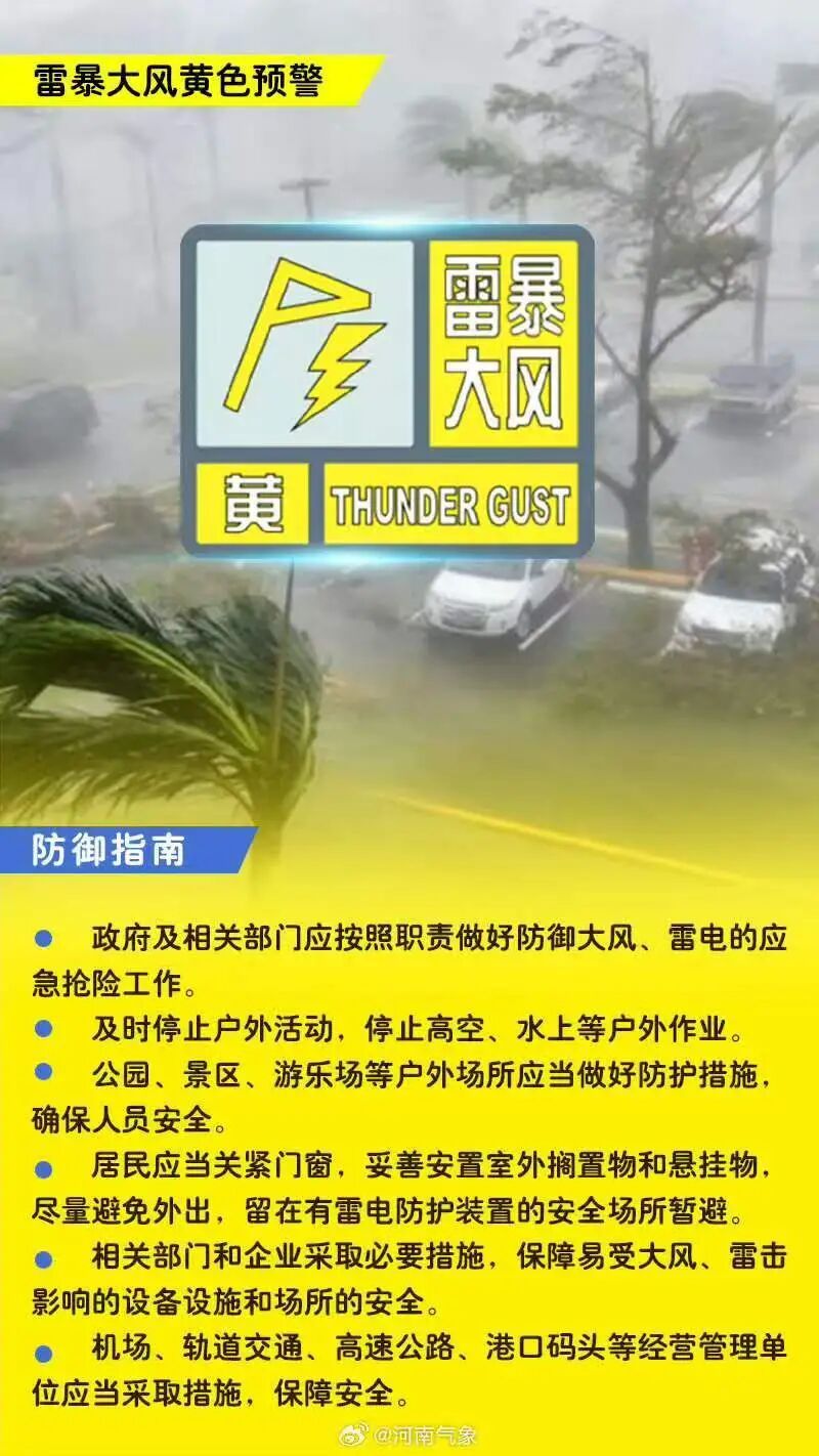 局地8~9级！郑州发布雷暴大风黄色预警
