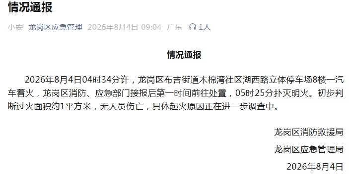 深圳通报：一立体停车场内汽车着火，过火面积约1平方米