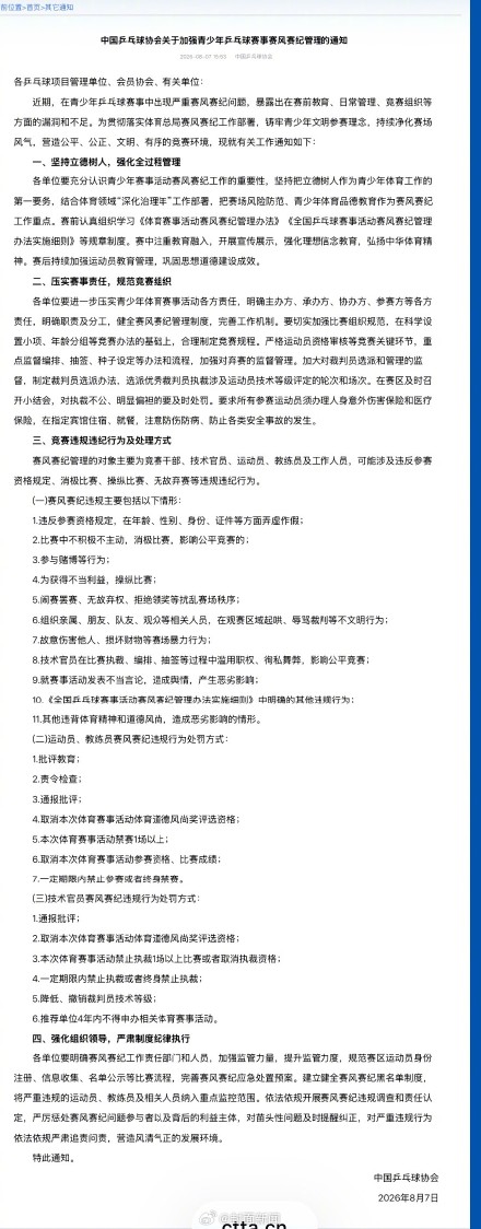 乒协发文回应青少年赛风赛纪问题 乒协发文回应青少年赛风赛纪问题