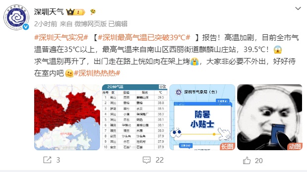 热热热,深圳最高气温直冲39℃!官方提醒:高温加剧,非必要不外出! 热热热,深圳最高气温直冲39℃!官方提醒:高温加剧,非必要不外出!