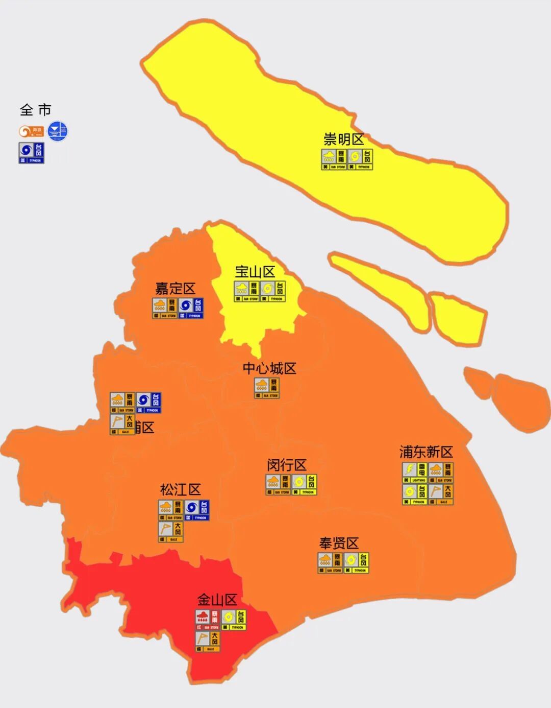 上海发布中心城区暴雨橙色预警，多区发布大风橙色预警信号
