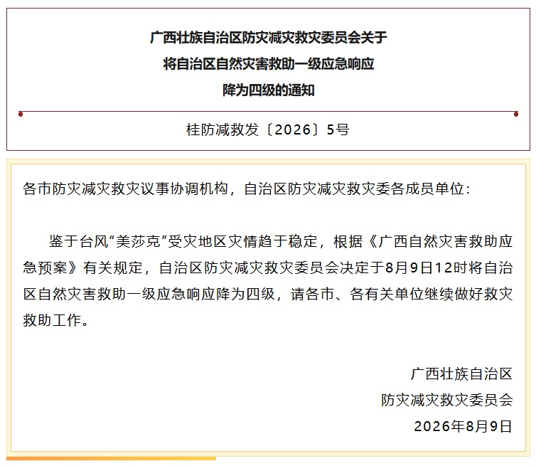 广西自然灾害救助一级应急响应降为四级