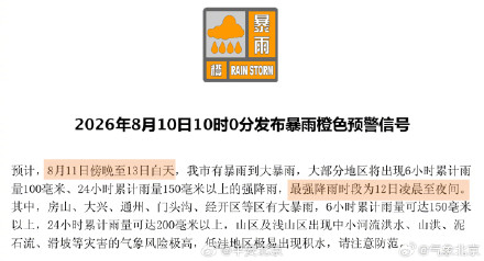 北京市发布暴雨橙色预警,请市民注意防范 北京市发布暴雨橙色预警,请市民注意防范
