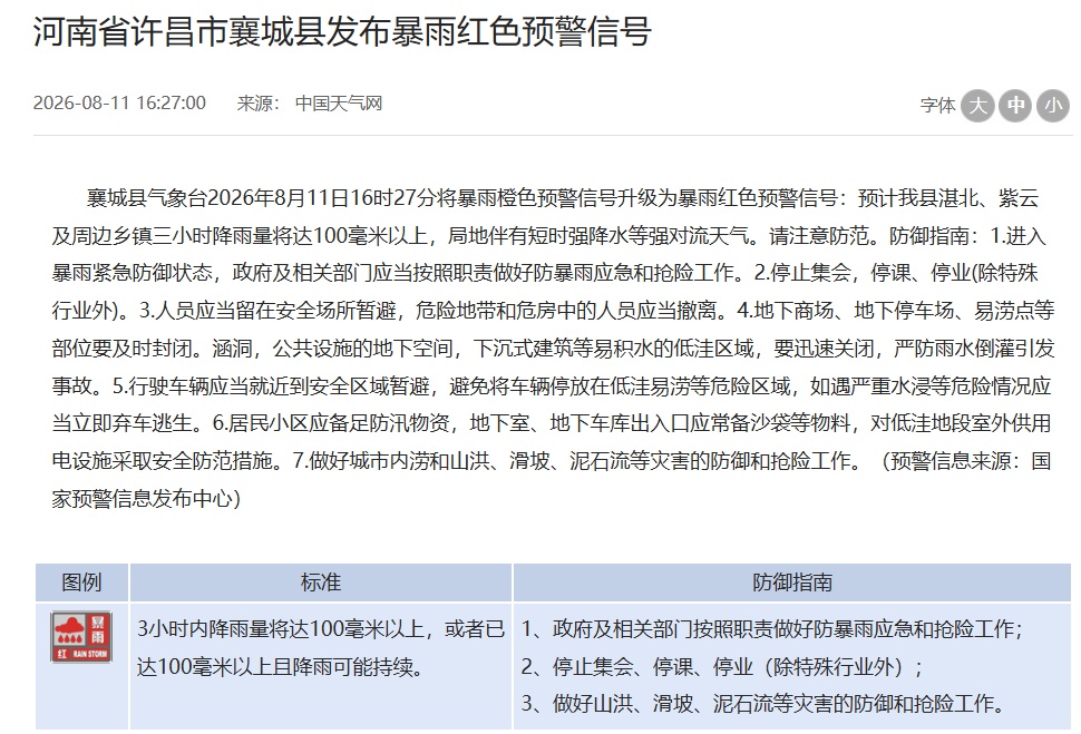 停止集会,停课、停业!河南一地发布暴雨红色预警 停止集会,停课、停业!河南一地发布暴雨红色预警