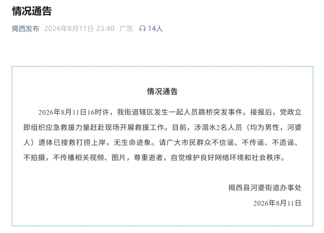 广东一地深夜通报:2人(均为男性)跳桥身亡 广东一地深夜通报:2人(均为男性)跳桥身亡