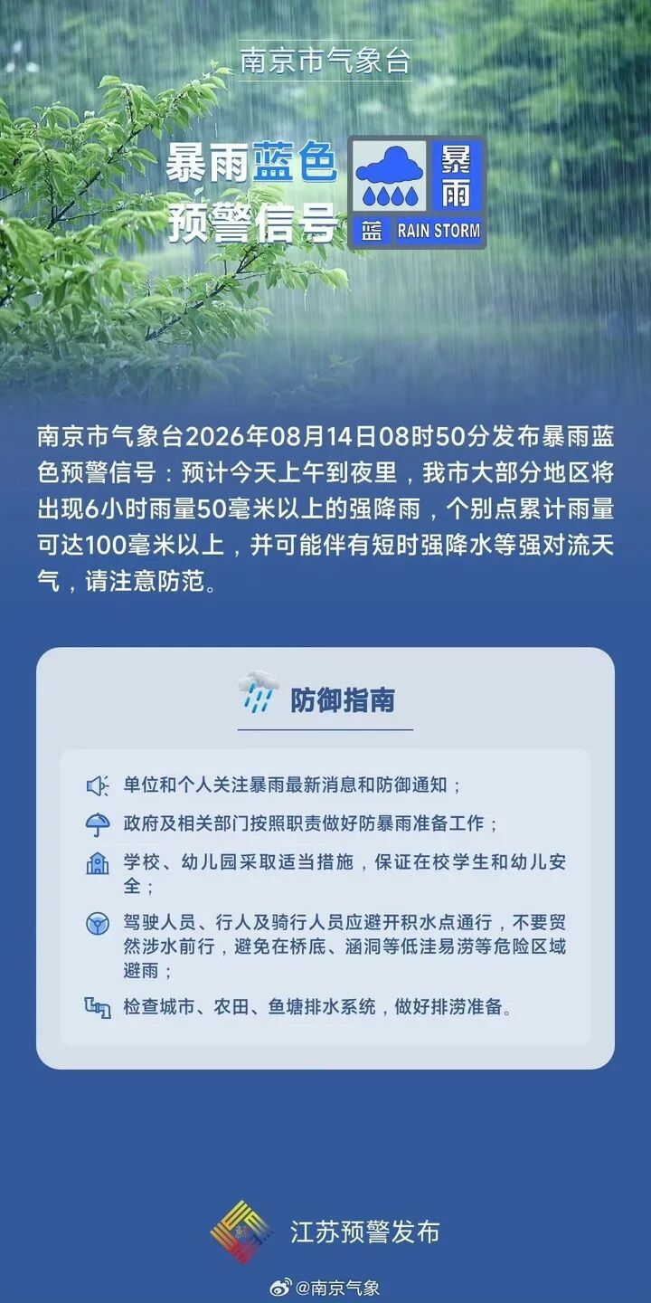 南京发布暴雨蓝色预警信号！最高累计雨量可达100毫米以上