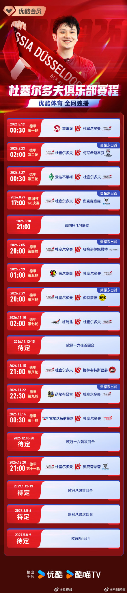 樊振东新赛季赛程公布