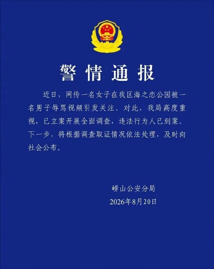 青岛警方通报“一男子辱骂女游客”：已立案开展全面调查，违法行为人已到案