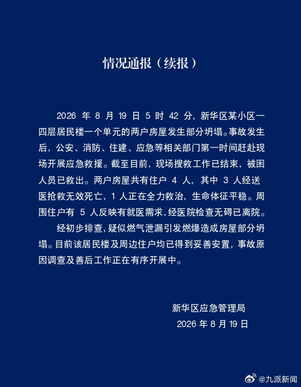 石家庄一居民楼发生部分坍塌,3人经送医抢救无效死亡,1人正在全力救治 石家庄一居民楼发生部分坍塌,3人经送医抢救无效死亡,1人正在全力救治