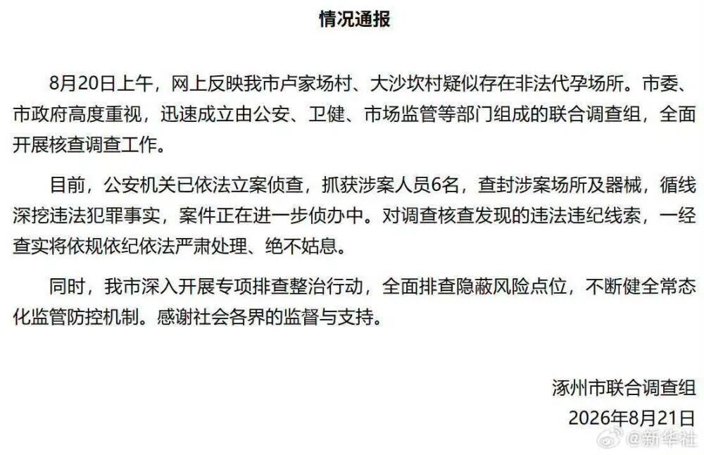 河北涿州抓获6名非法代孕涉案人员