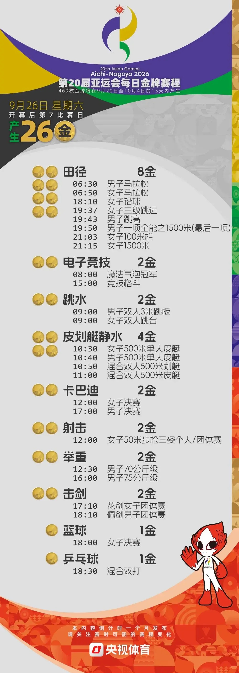 收藏！2026亚运会金牌日历来了