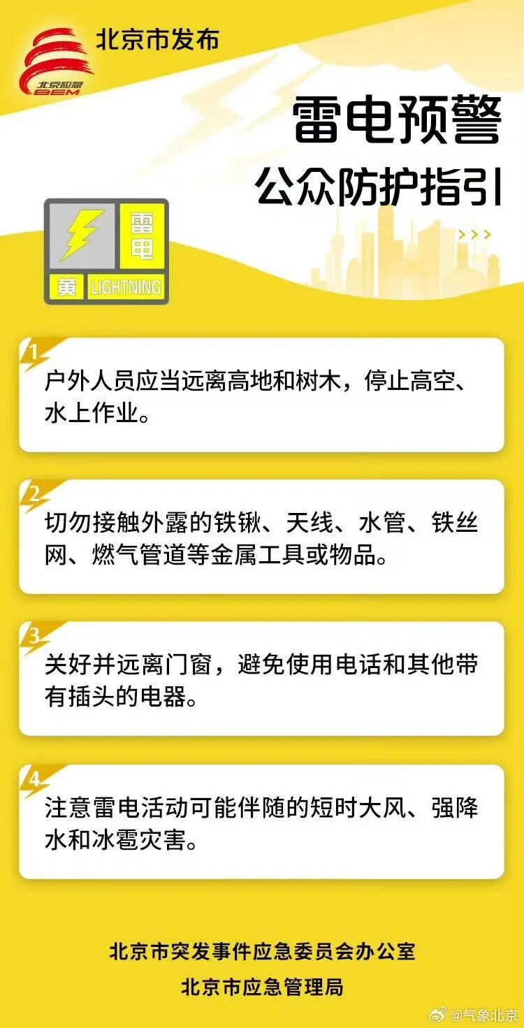 北京发布雷电黄色预警，暴雨蓝色预警！