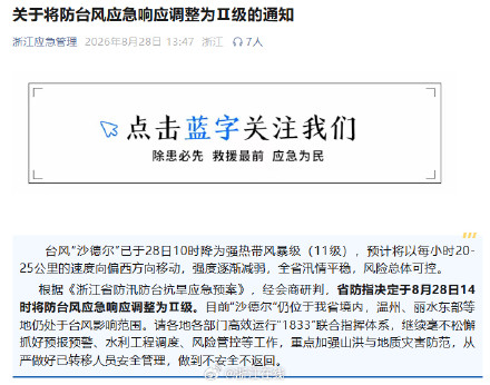 浙江调整防台风应急响应为Ⅱ级