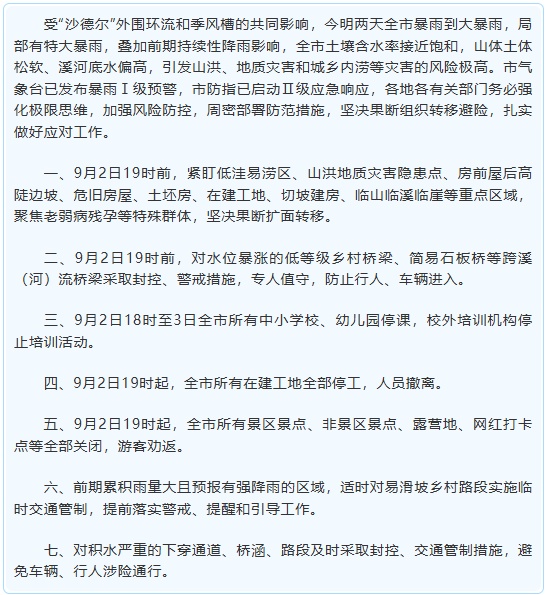 福建“暴雨预警”Ⅰ级,漳州、泉州全市停课,多地实行“三停一休”,部分列车停运、景区关闭,多路段实行交通管制 福建“暴雨预警”Ⅰ级,漳州、泉州全市停课,多地实行“三停一休”,部分列车停运、景区关闭,多路段实行交通管制