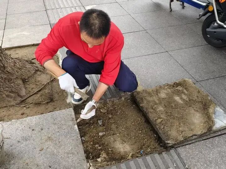 人行道盲道砖翘起,热心市民出手了! 人行道盲道砖翘起,热心市民出手了!