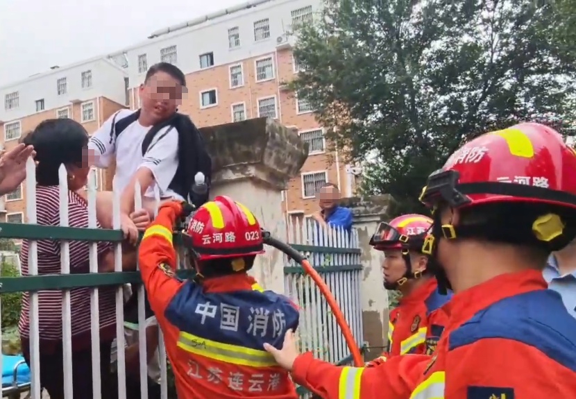 男孩“挂”在小区围栏上,消防员立即剪断“咬人”尖刺! 男孩“挂”在小区围栏上,消防员立即剪断“咬人”尖刺!