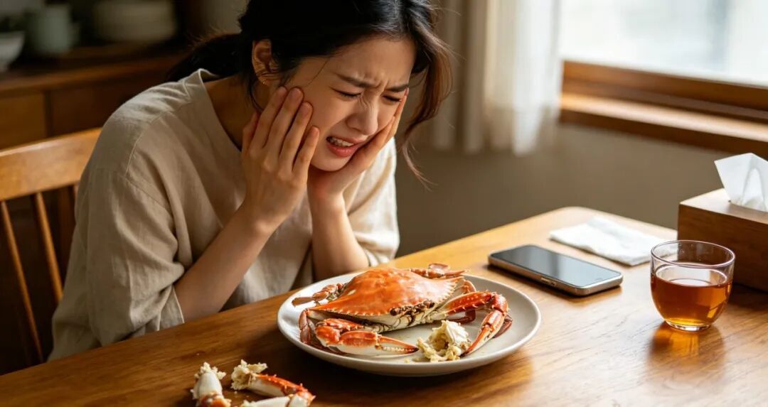 第一批“啃蟹受害者”已出现！杭州女子用牙硬啃螃蟹，结果疼得饭都吃不下……