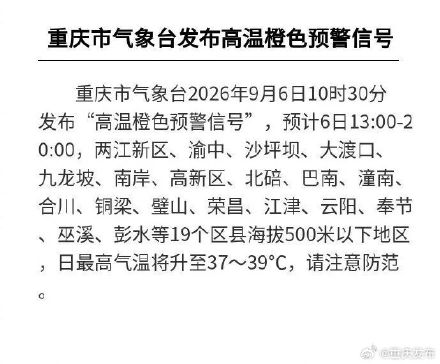 重庆发布高温橙色预警,这些地区注意防范→ 重庆发布高温橙色预警,这些地区注意防范→