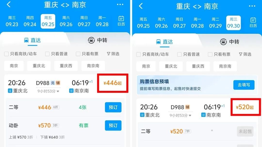 国庆高铁票涨价？部分动卧票价差超500元，12306回应