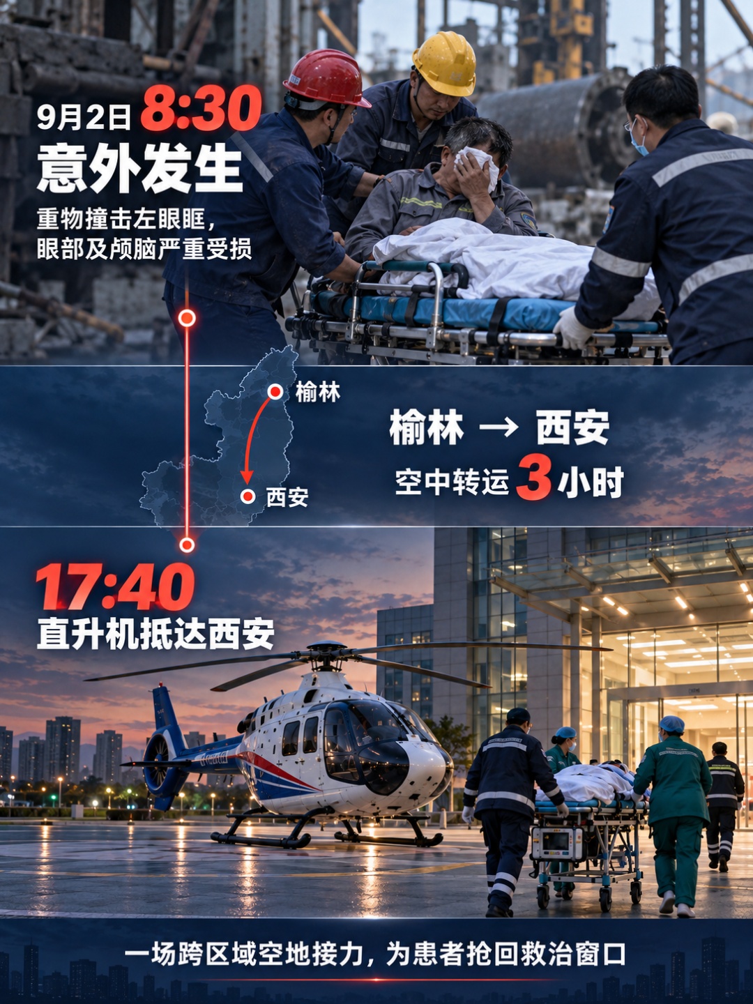 陕西一男子工作中突遇设备故障,眼睛被几百斤重物砸中,眼周多处骨折!紧急救援→ 陕西一男子工作中突遇设备故障,眼睛被几百斤重物砸中,眼周多处骨折!紧急救援→