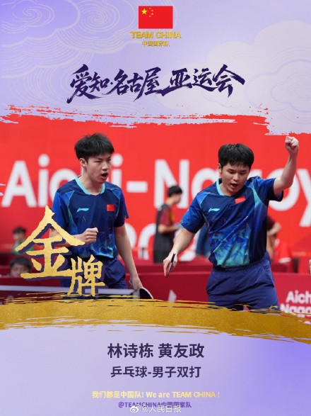 祝贺!黄友政林诗栋男双金牌 祝贺!黄友政林诗栋男双金牌