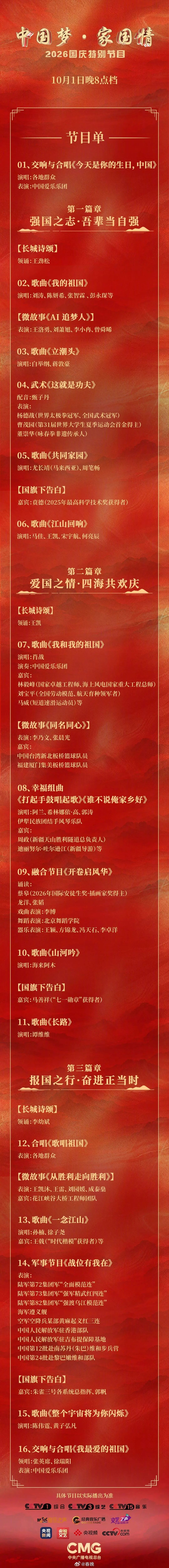 节目单来了！今晚8点，央视2026国庆特别节目