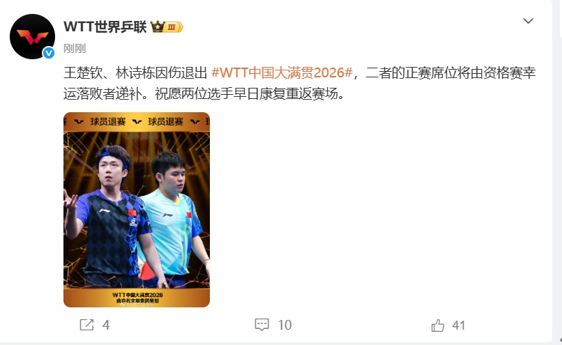 王楚钦、林诗栋，退出比赛！