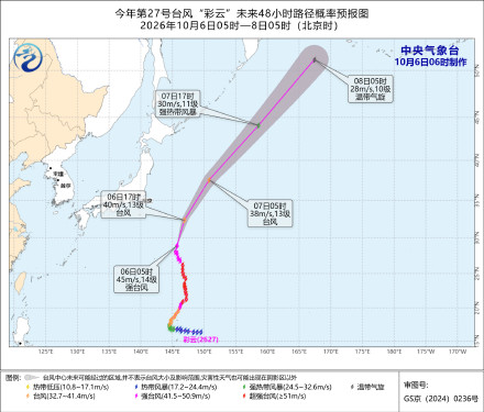 2026年第27号台风彩云向东北方向移动
