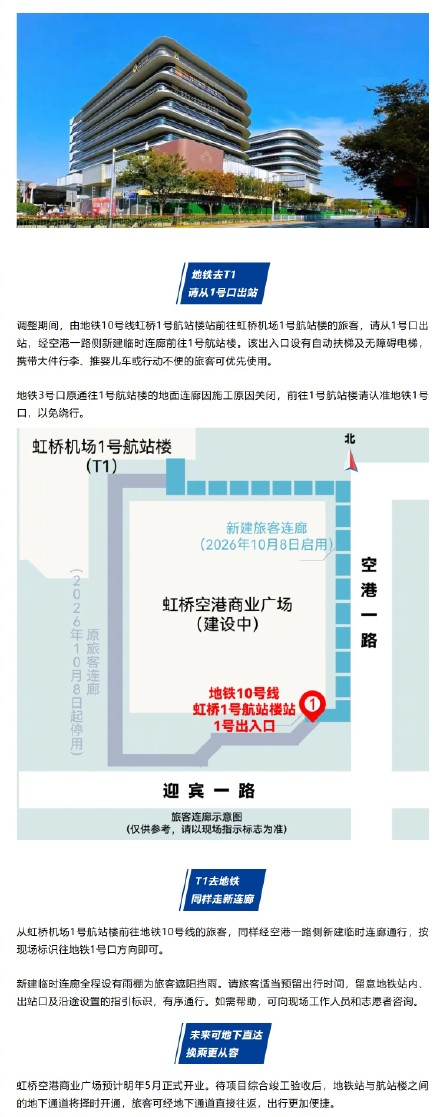 10月8日起,虹桥机场T1与地铁站连廊临时调整 10月8日起,虹桥机场T1与地铁站连廊临时调整