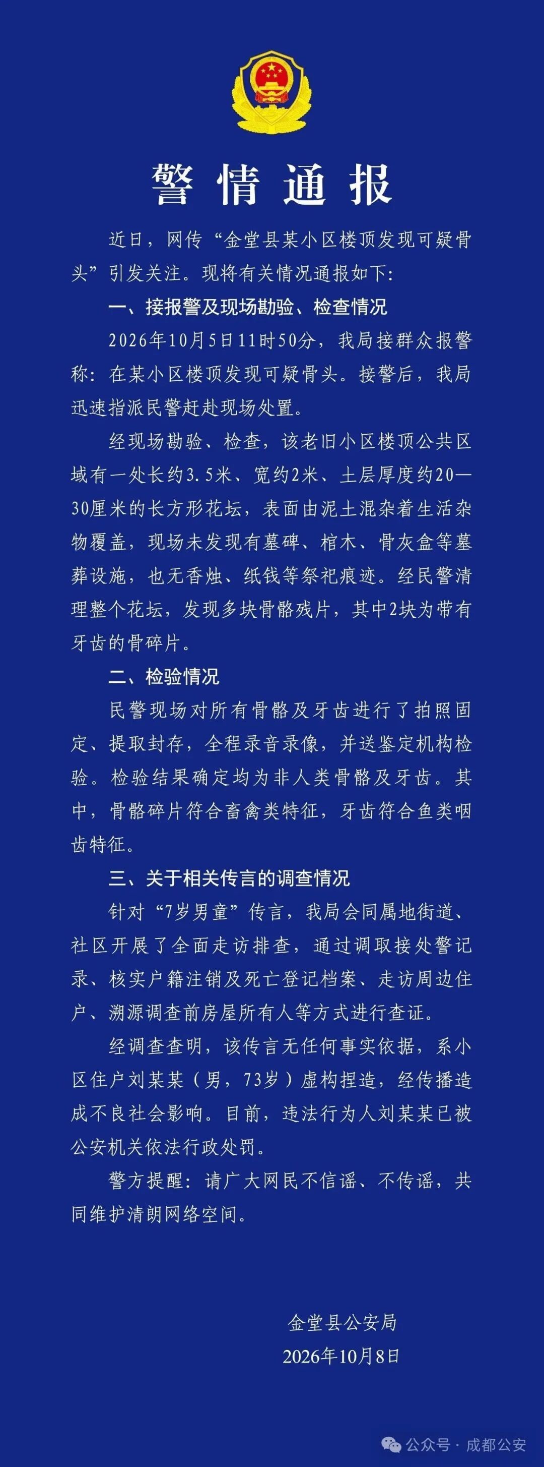 成都一小区楼顶发现男童坟墓?警方通报:捏造传言的住户受到行政处罚 成都一小区楼顶发现男童坟墓?警方通报:捏造传言的住户受到行政处罚