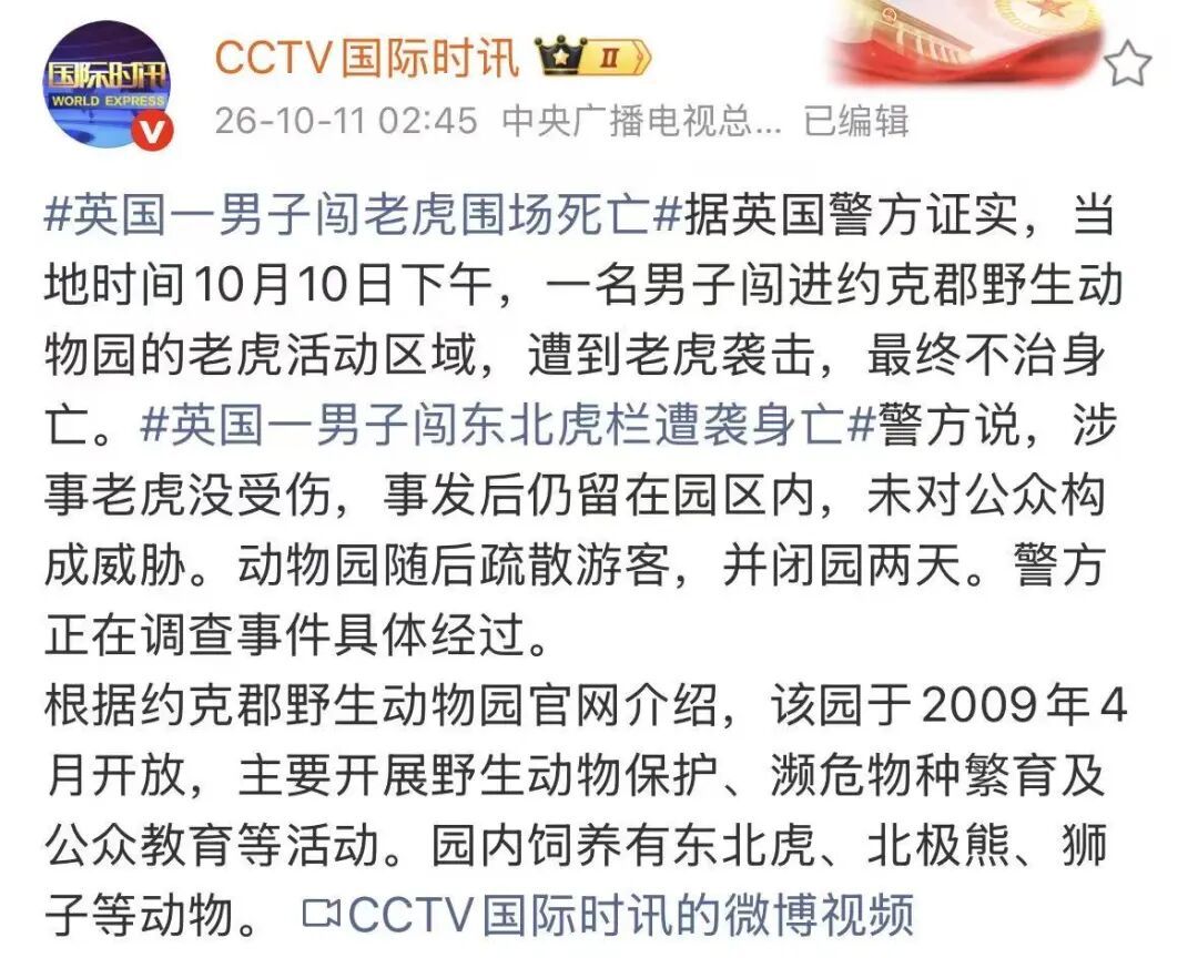 英国一男子闯入野生动物园老虎活动区域，遭老虎袭击，重伤不治身亡