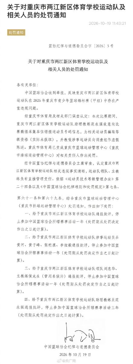 中国篮协发布通报