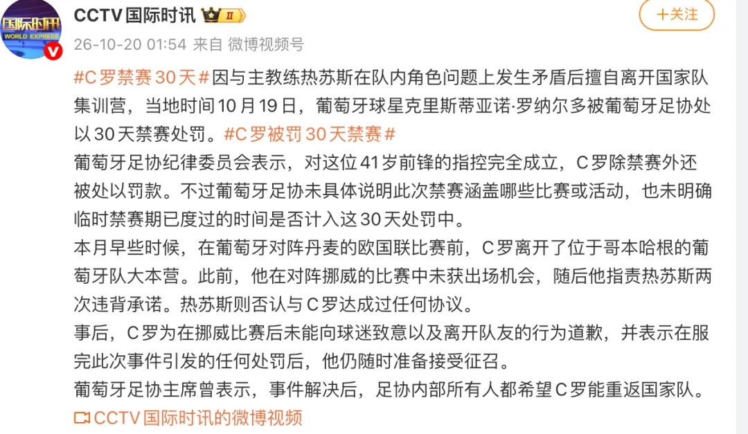 C罗擅自离开国家队集训营,被罚30天禁赛 C罗擅自离开国家队集训营,被罚30天禁赛