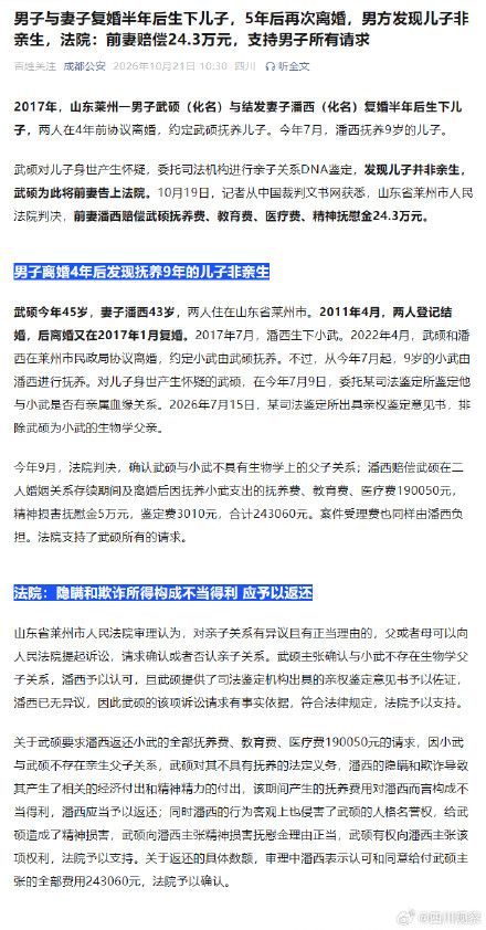 男子离婚后发现抚养9年儿子非亲生 男子离婚后发现抚养9年儿子非亲生