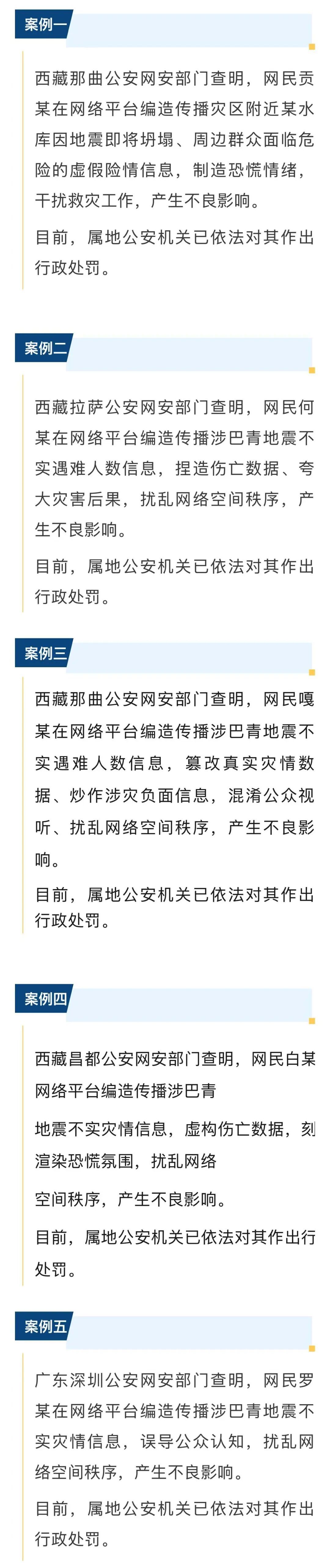 编造散布“西藏那曲地震灾区附近水库将坍塌”等谣言,5人被罚! 编造散布“西藏那曲地震灾区附近水库将坍塌”等谣言,5人被罚!